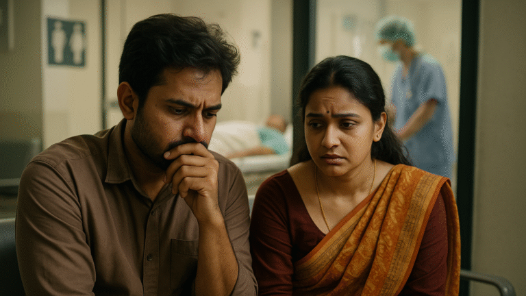Husband and wife emotionally distressed outside hospital room while a family member undergoes emergency treatment, facing advance payment demand.