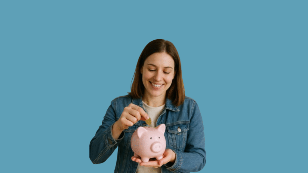 Young woman saving money in a piggy bank symbol of building an emergency fund