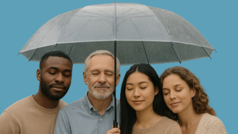 Diverse group of people under a large umbrella, representing financial protection and emotional relief through an emergency fund.
