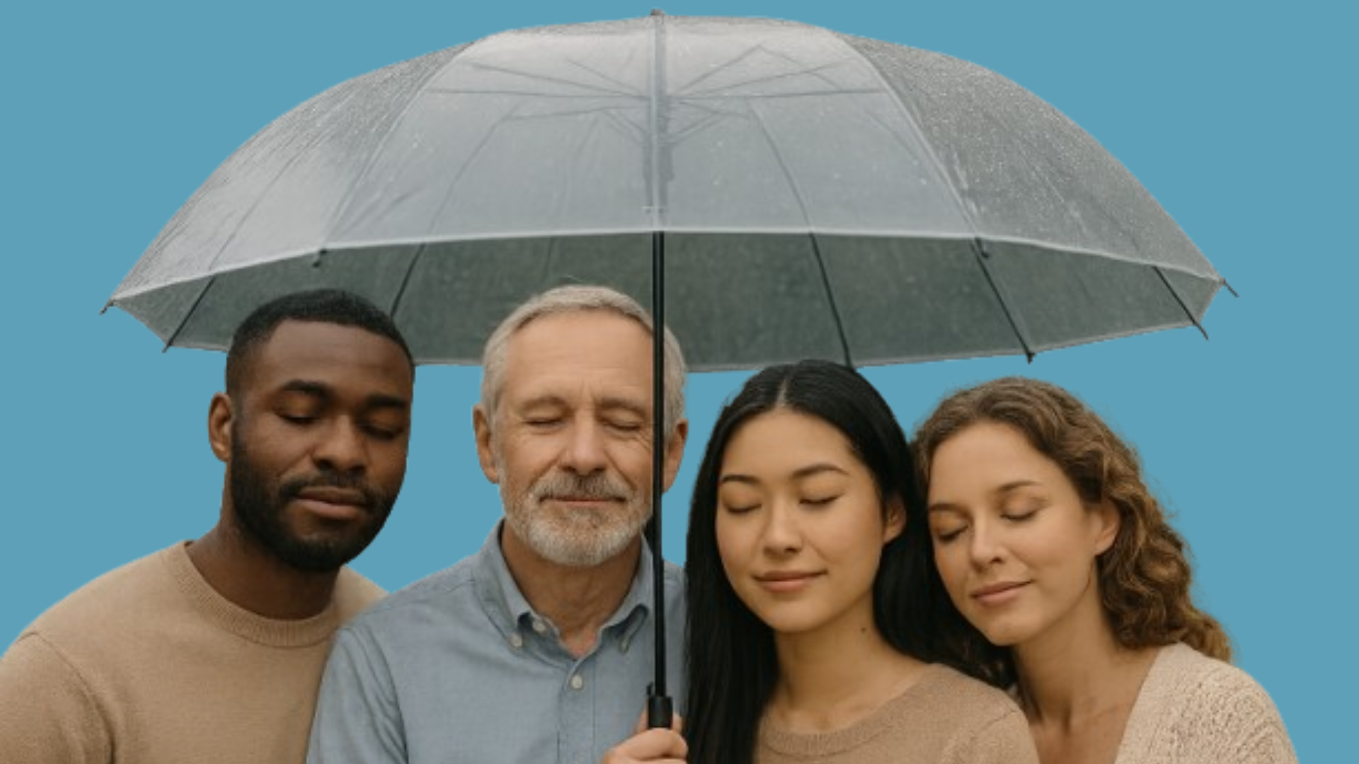 Diverse group of people under a large umbrella, representing financial protection and emotional relief through an emergency fund.