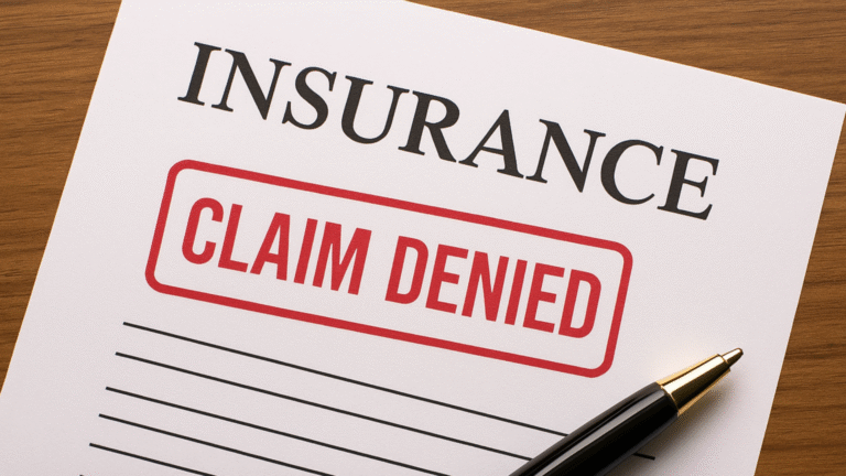 A rejection letter showing 'Insurance Claim Denied' on paper with a pen placed beside it on a wooden table