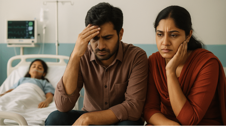 Parents in emotional distress beside their daughter on a hospital bed, representing urgent need for medical funds.