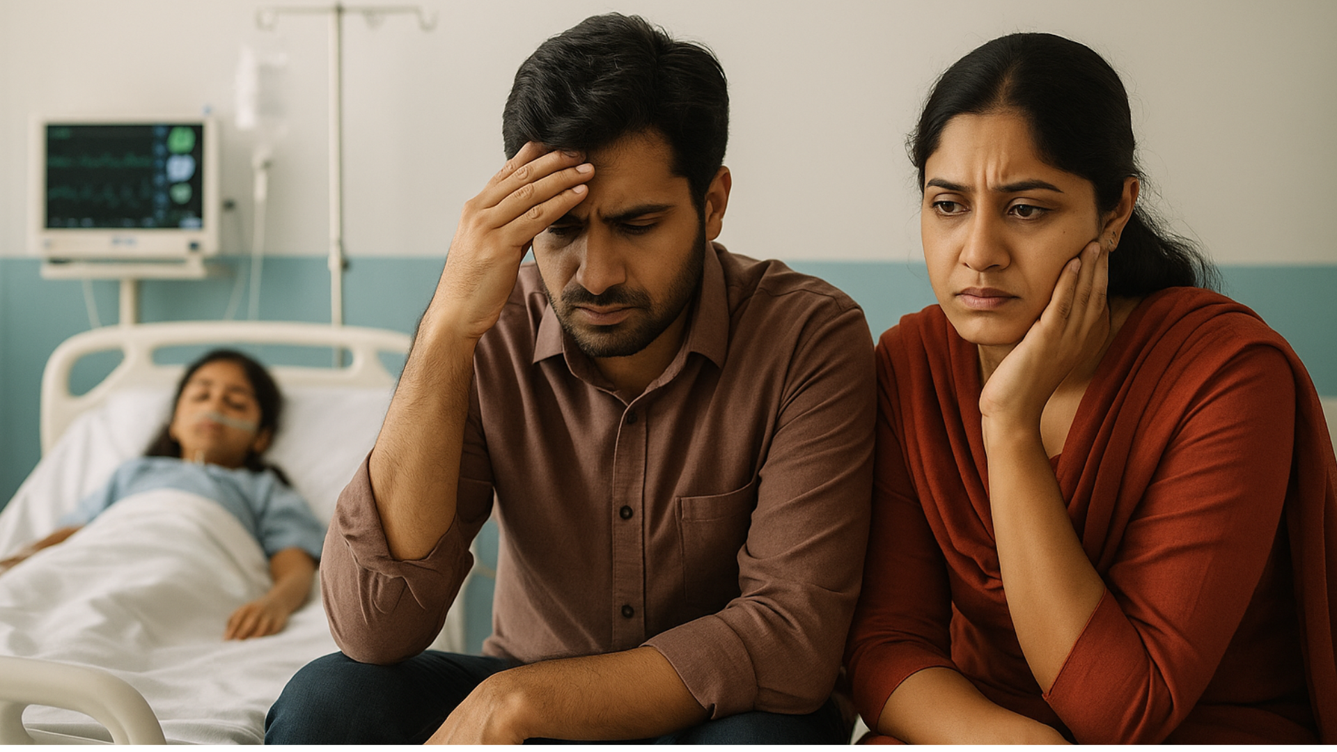 Parents in emotional distress beside their daughter on a hospital bed, representing urgent need for medical funds.