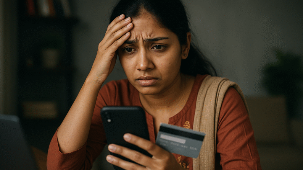 Indian woman sitting stressed with her mobile phone and PAN card after being scammed by a fake finance app or UPI fraud