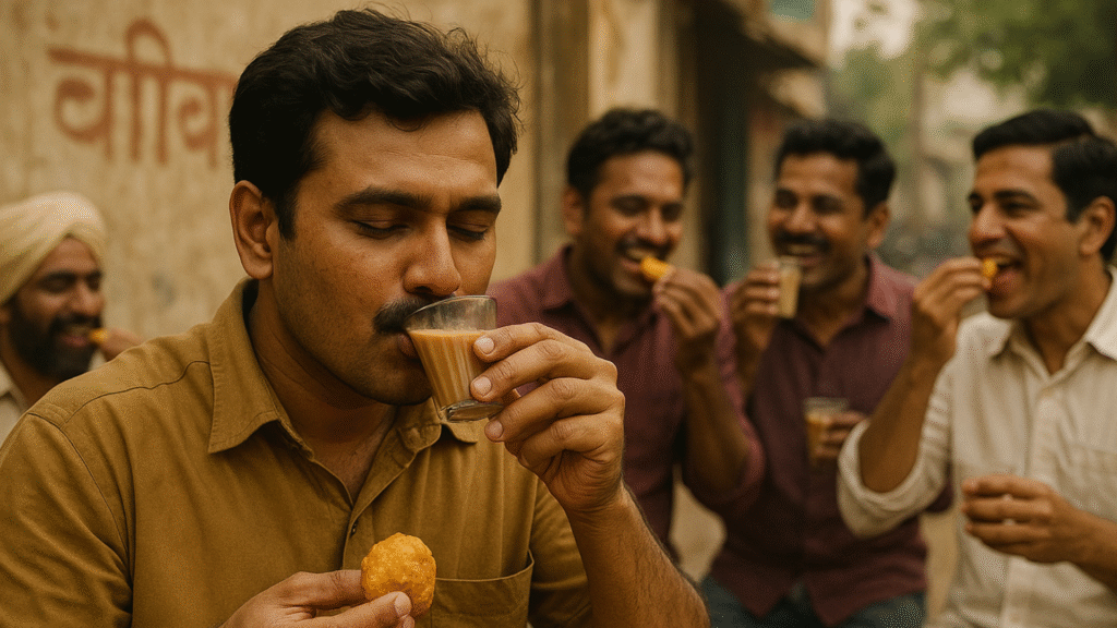 Group of Indian people enjoying tea and snacks during daily break chai and biscuit spending habits