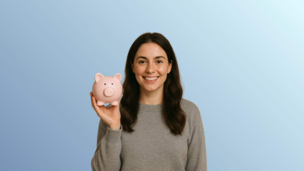 Girl holding piggy bank and smiling, representing joyful money-saving habits inspired by the Child Rule.