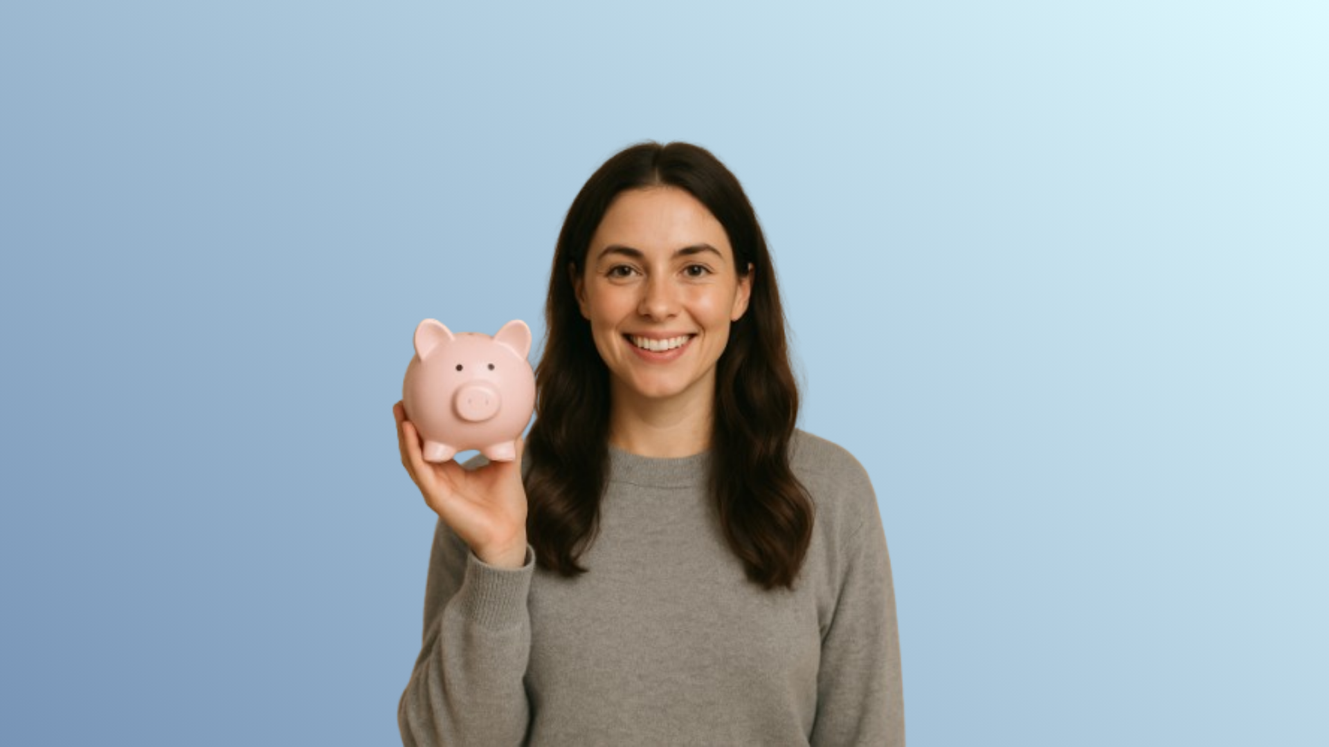 Girl holding piggy bank and smiling, representing joyful money-saving habits inspired by the Child Rule.