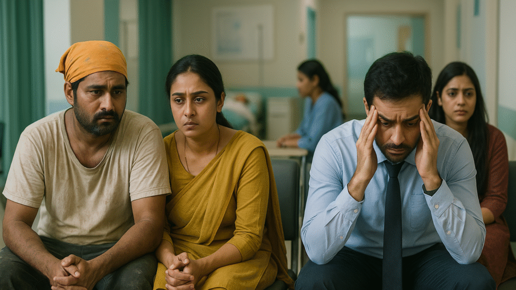 A labour man and his wife sitting beside a salaried man in a waiting room, highlighting economic inequality in everyday life.