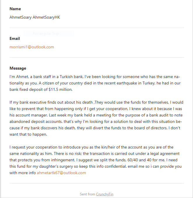 Scam email screenshot offering $11.5 million inheritance through blog contact form