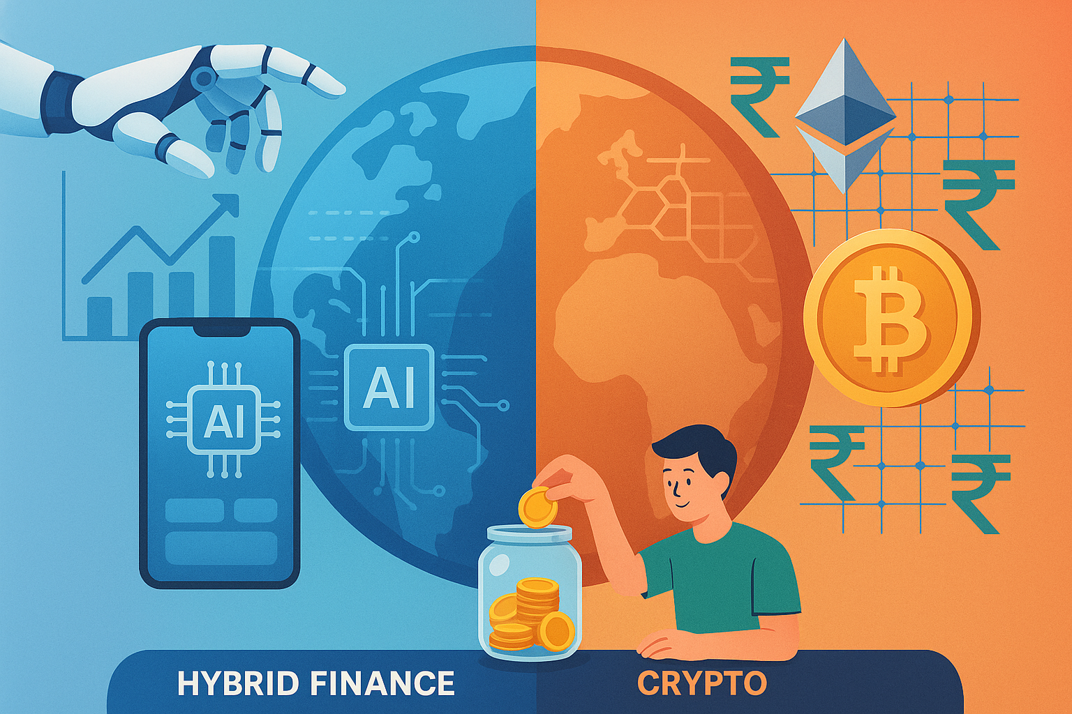 Infographic showing how AI and cryptocurrency are transforming daily saving, investing, and spending habits in 2025.