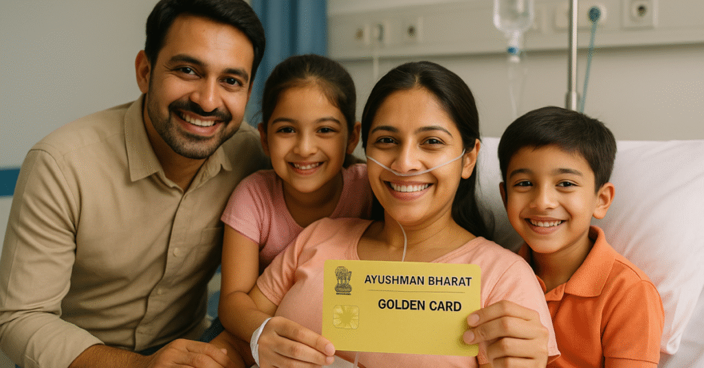 Indian family using Ayushman Bharat Scheme Golden Card for cashless hospital treatment