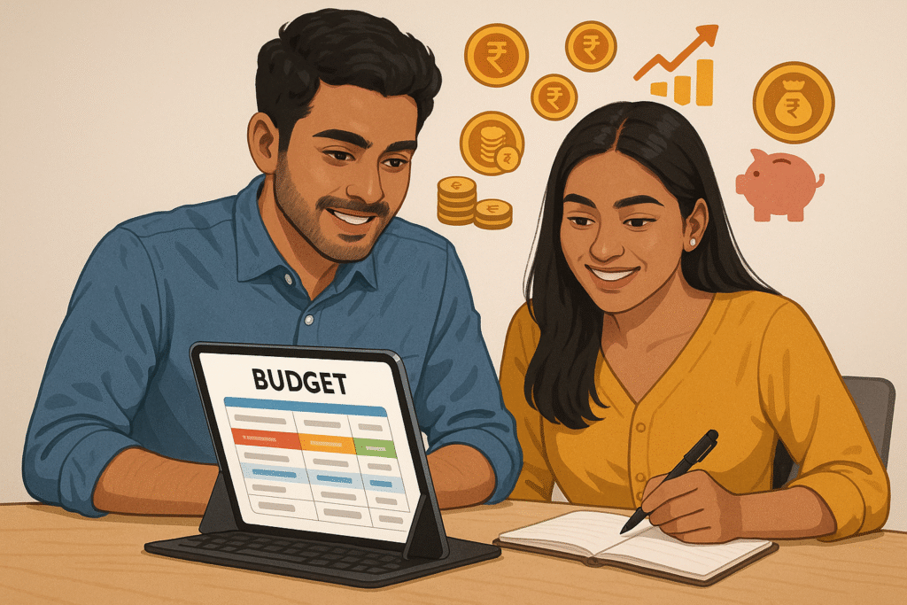 Indian couple using budget planner apps and spreadsheets to manage finances in 2025.