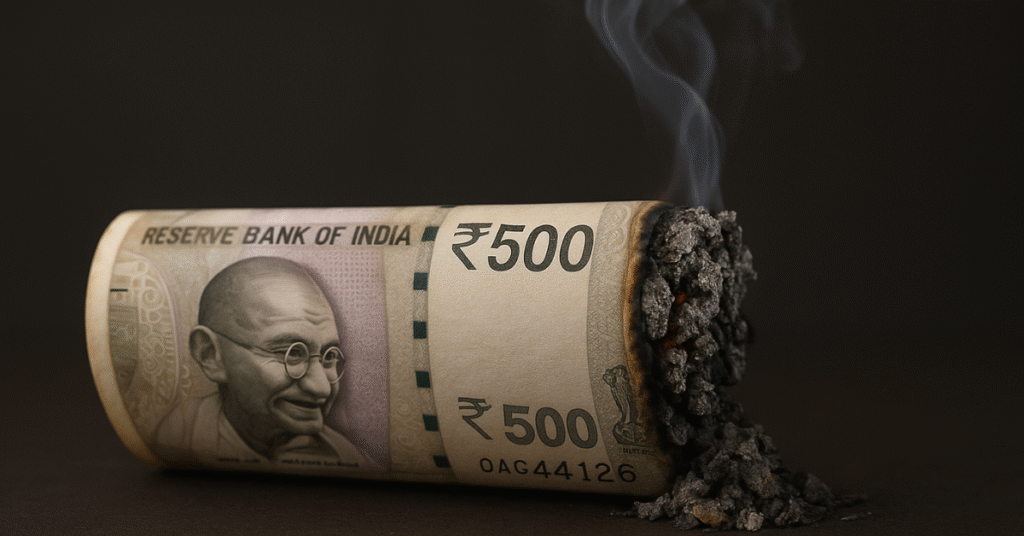 Man holding wallet with money flying out, symbolizing the cost of alcohol and cigarettes.