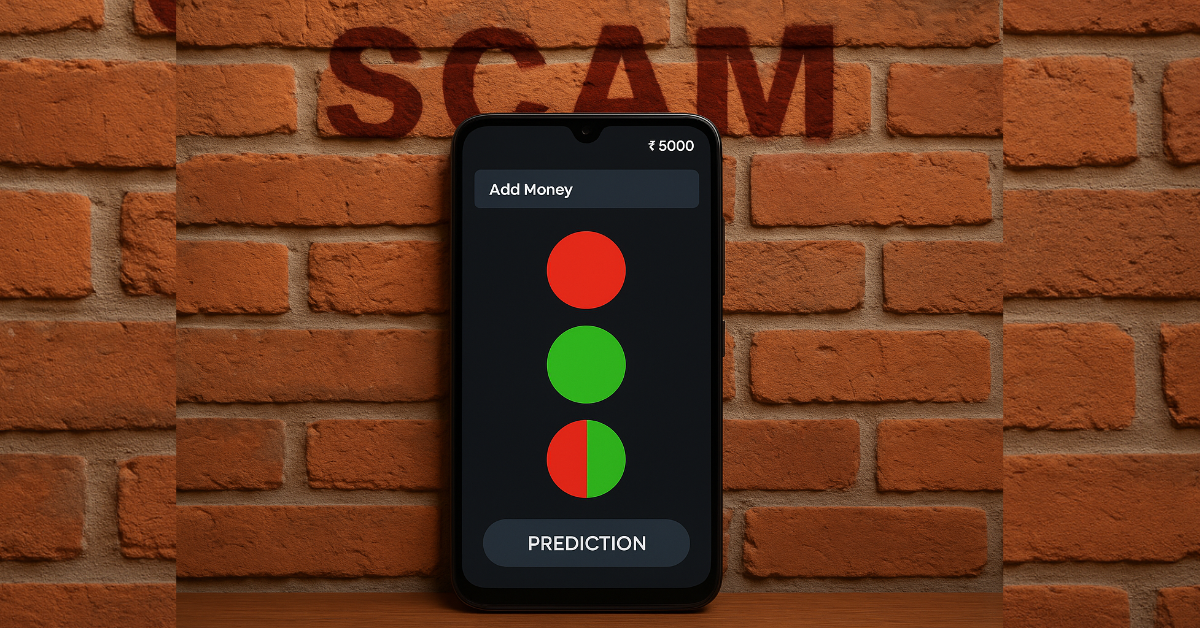 Mobile phone screen showing a color prediction app with red, green, and half-red-half-green balls, ₹5000 balance displayed, and “SCAM” written on a brick wall background.