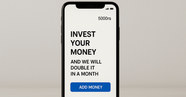 Mobile phone screen displaying “Double Your Money” and an “Invest Now” button, warning about fake financial apps.