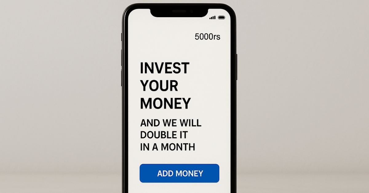 Mobile phone screen displaying “Double Your Money” and an “Invest Now” button, warning about fake financial apps.