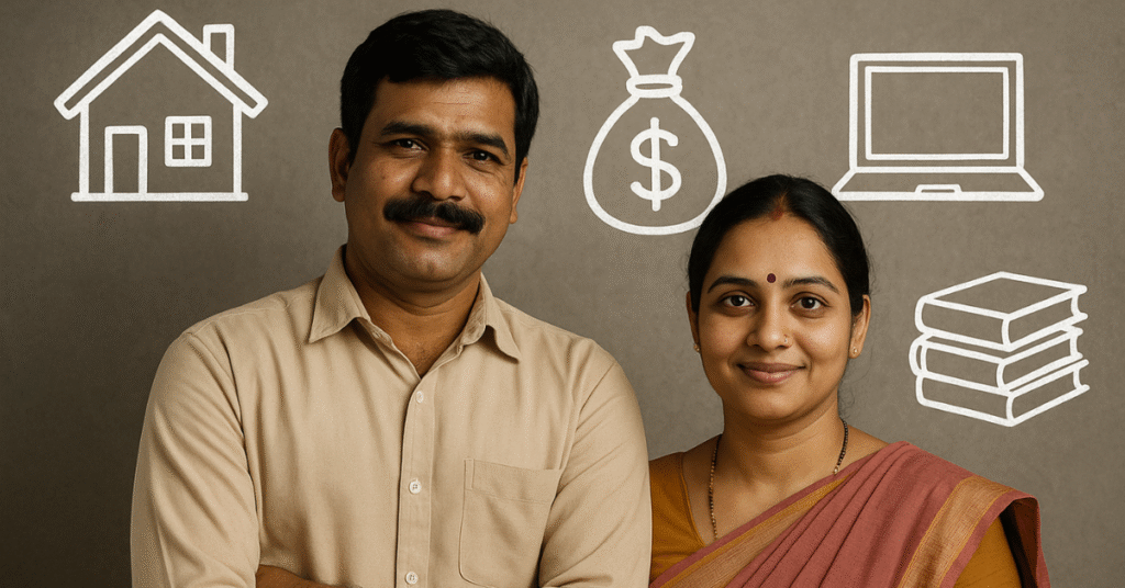 Flat vector illustration of an Indian man and woman with icons of a house, coins, laptop, and books, representing realistic side hustles in India like rentals, dividends, teaching, and digital content.