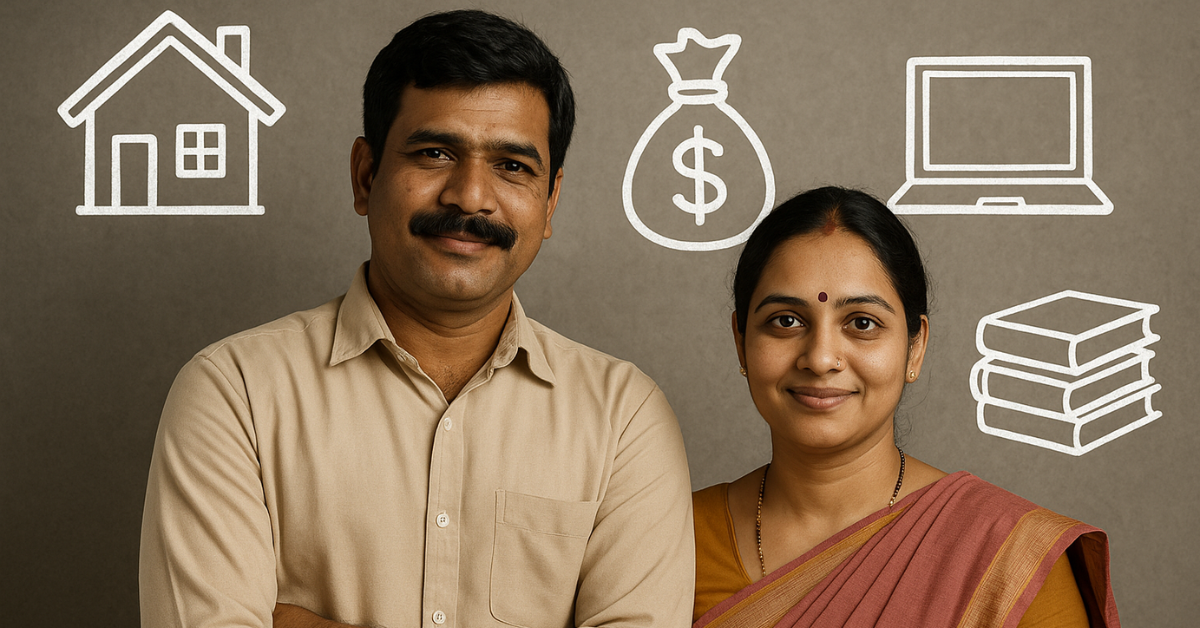 Flat vector illustration of an Indian man and woman with icons of a house, coins, laptop, and books, representing realistic side hustles in India like rentals, dividends, teaching, and digital content.