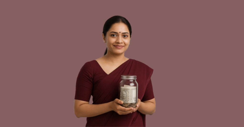 Indian woman holding a piggy bank, symbolizing Mahila Samman Savings Certificate 2025 with 7.5% interest savings scheme for women
