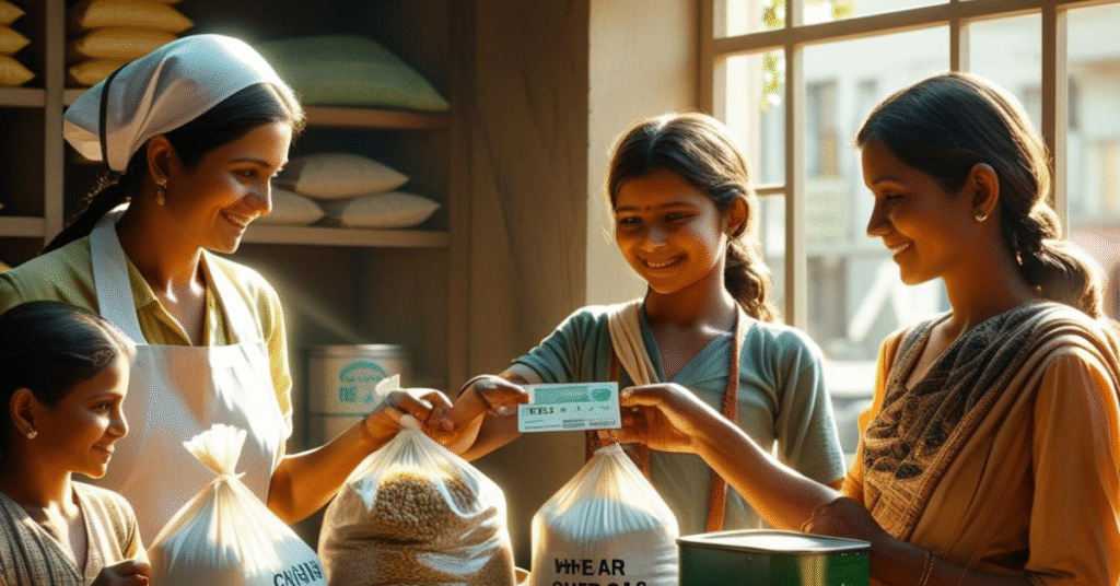 Indian family collecting subsidized food grains at a Fair Price Shop under PDS scheme