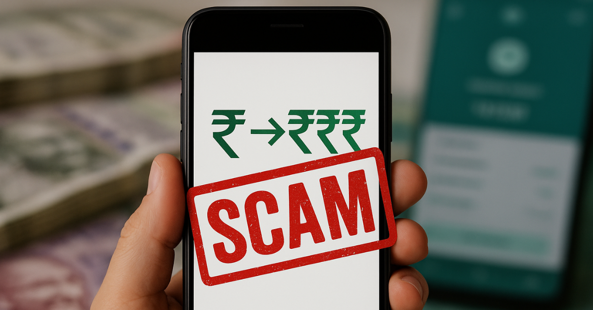 Smartphone showing fake money doubling app with scam warning
