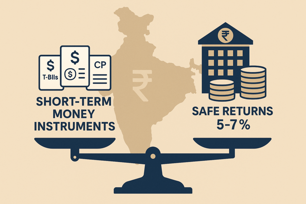 illustration showing Indian money market instruments like T-Bills, CDs, and CPs balanced with safe short-term returns