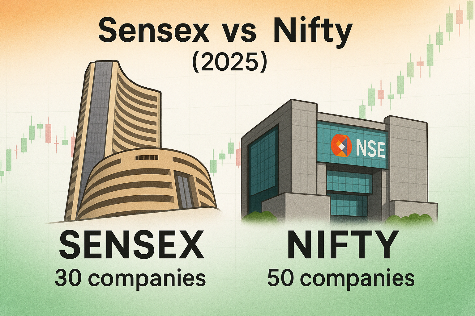 Sensex vs Nifty comparison chart showing BSE 30 companies vs NSE 50 companies in 2025 India