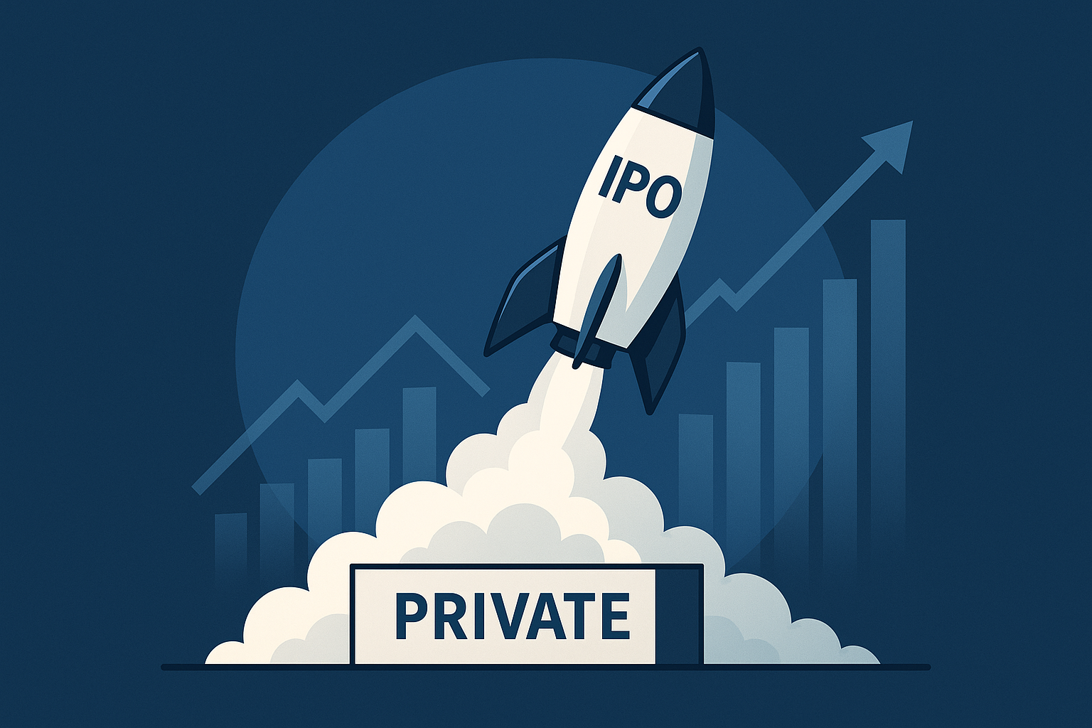 Illustration of a rocket labeled 'IPO' launching with a rising stock graph, watched by investors in a cityscape. Represents Initial Public Offering process and growth.