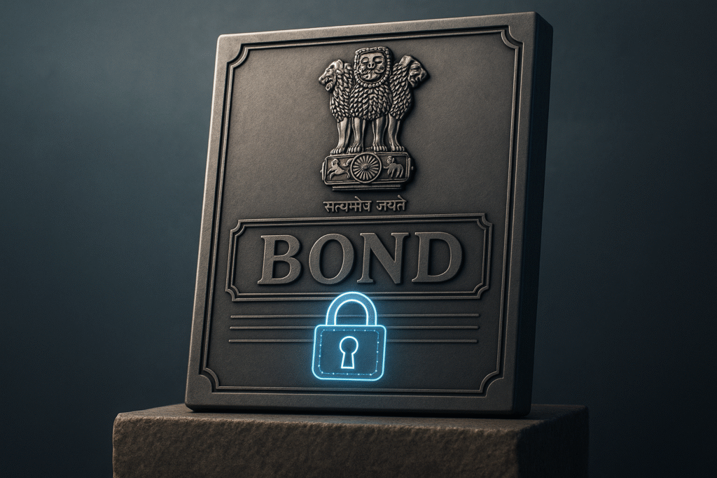 Infographic showing G-Sec risk: Zero default risk (vault image) versus high interest rate risk (inverse price chart) for Government Securities India.