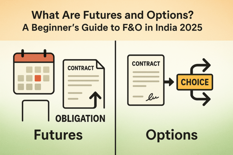 Split image of Futures and Options explained: calendar and fixed arrow for Futures, diverging arrows and choice board for Options, with Indian tricolor background.