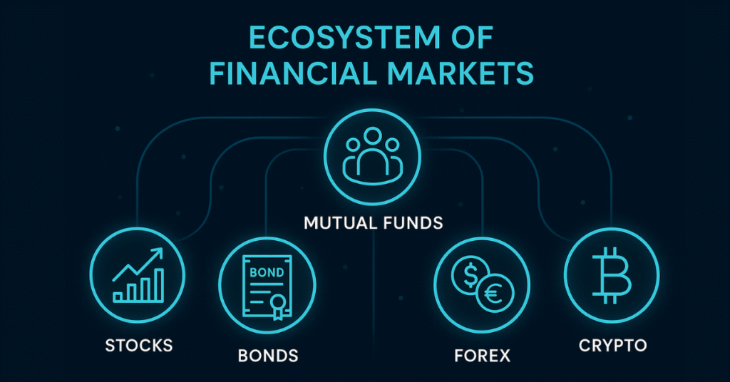 Infographic showing the Indian financial market in 2025 with stocks, bonds, mutual funds, forex, crypto, and money market icons.