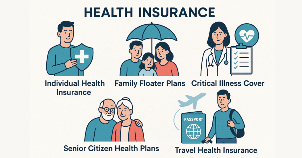 Types of health insurance plans in India 2025: individual health insurance, family floater, critical illness cover, senior citizen health plans, travel health insurance