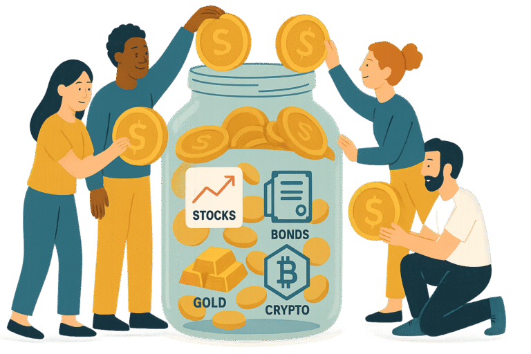 Illustration showing how mutual funds pool money from investors in India 2025 with diversification into stocks, bonds, and more.