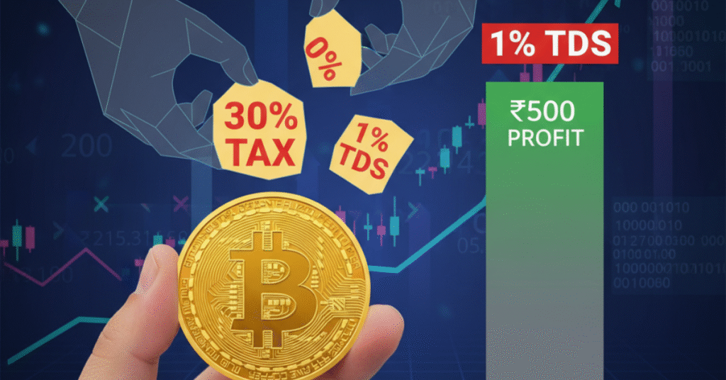 An illustration showing hands taking 30% tax and 1% TDS from a cryptocurrency coin, with a bar chart showing how a ₹500 profit shrinks to ₹335 in India.