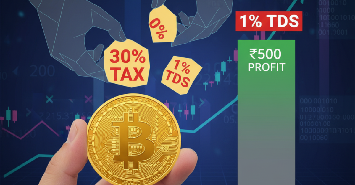 An illustration showing hands taking 30% tax and 1% TDS from a cryptocurrency coin, with a bar chart showing how a ₹500 profit shrinks to ₹335 in India.
