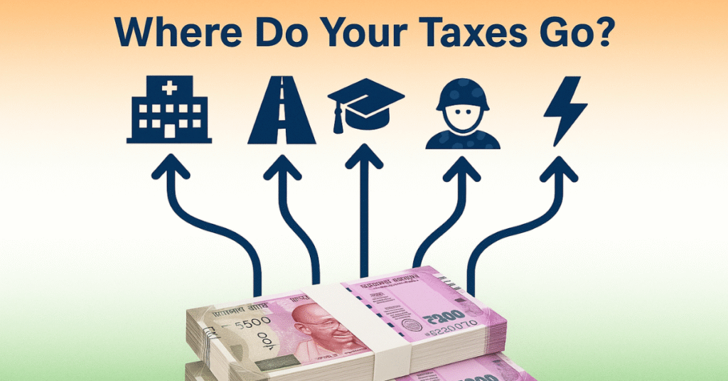 Illustration showing Indian taxes flowing to healthcare, education, defence, and infrastructure in 2025
