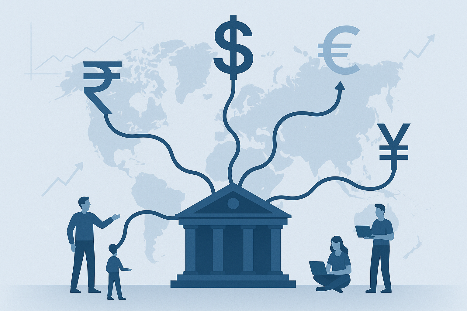 Illustration showing how central banks influence forex markets central bank building connected to global currencies like USD, INR, and EUR with value fluctuation arrows.