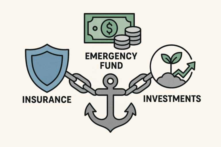 Illustration of a financial safety net showing a shield, cash jar, and growing investment chart linked together.