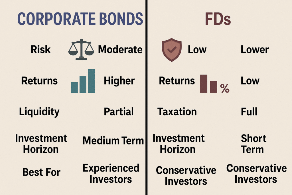 Infographic showing differences between corporate bonds and fixed deposits including risk, returns, and liquidity.