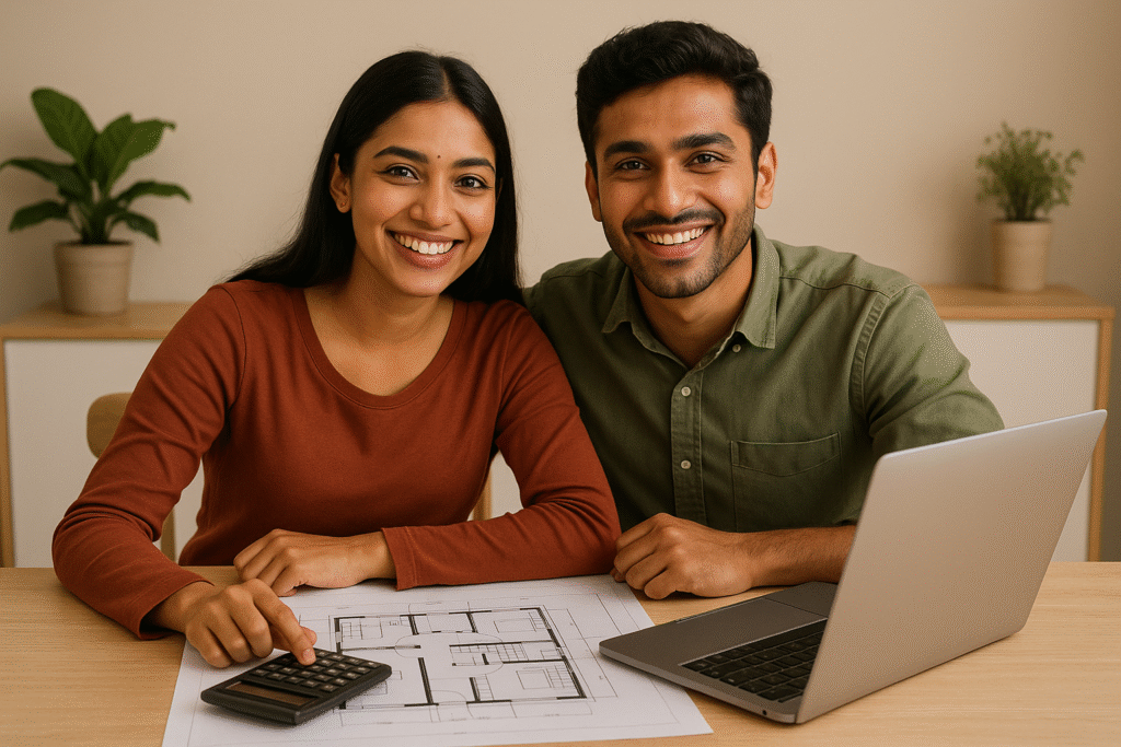 Couple reviewing home design and budget plans for their dream home in India 2025.