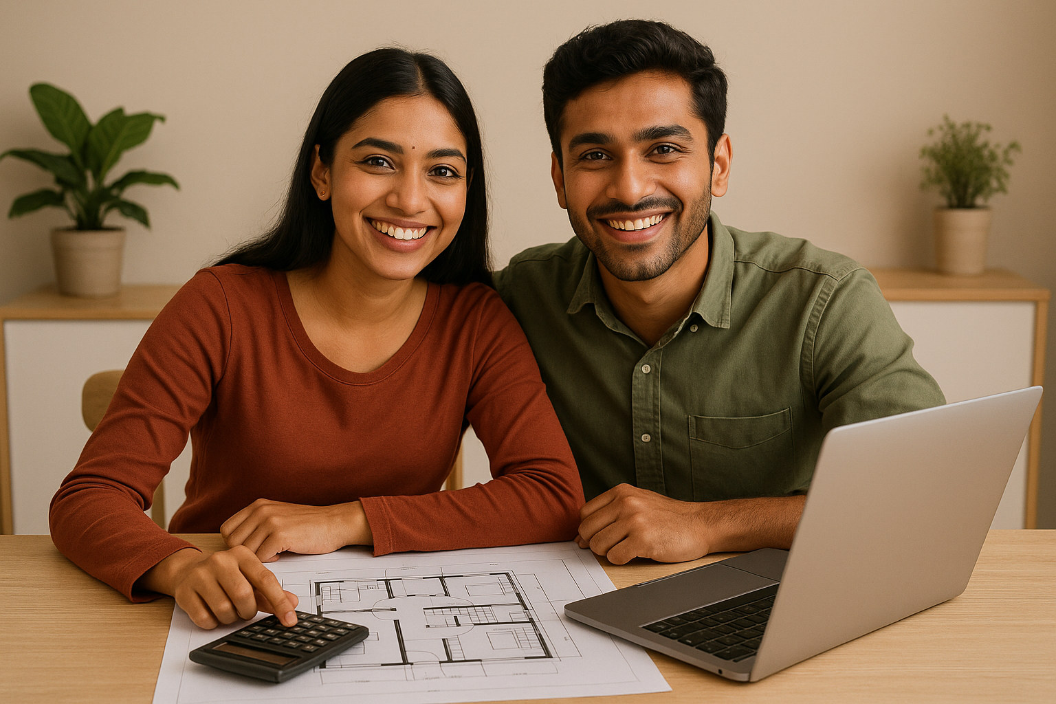 Couple reviewing home design and budget plans for their dream home in India 2025.