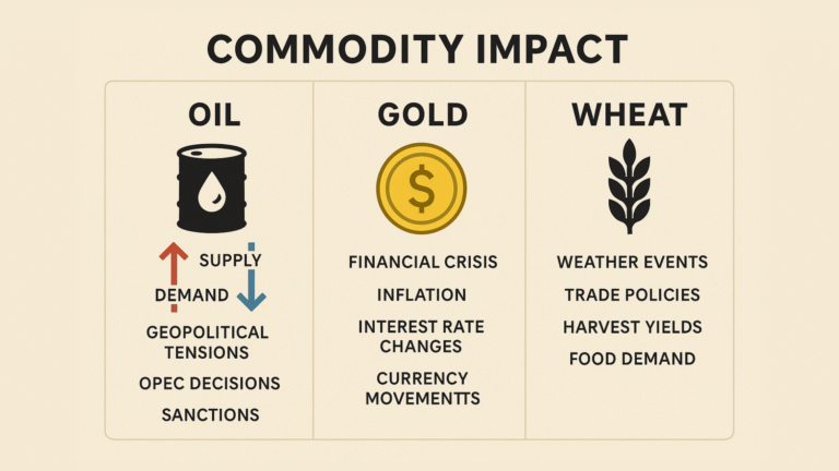 Infographic showing how global events impact oil, gold, and wheat prices.