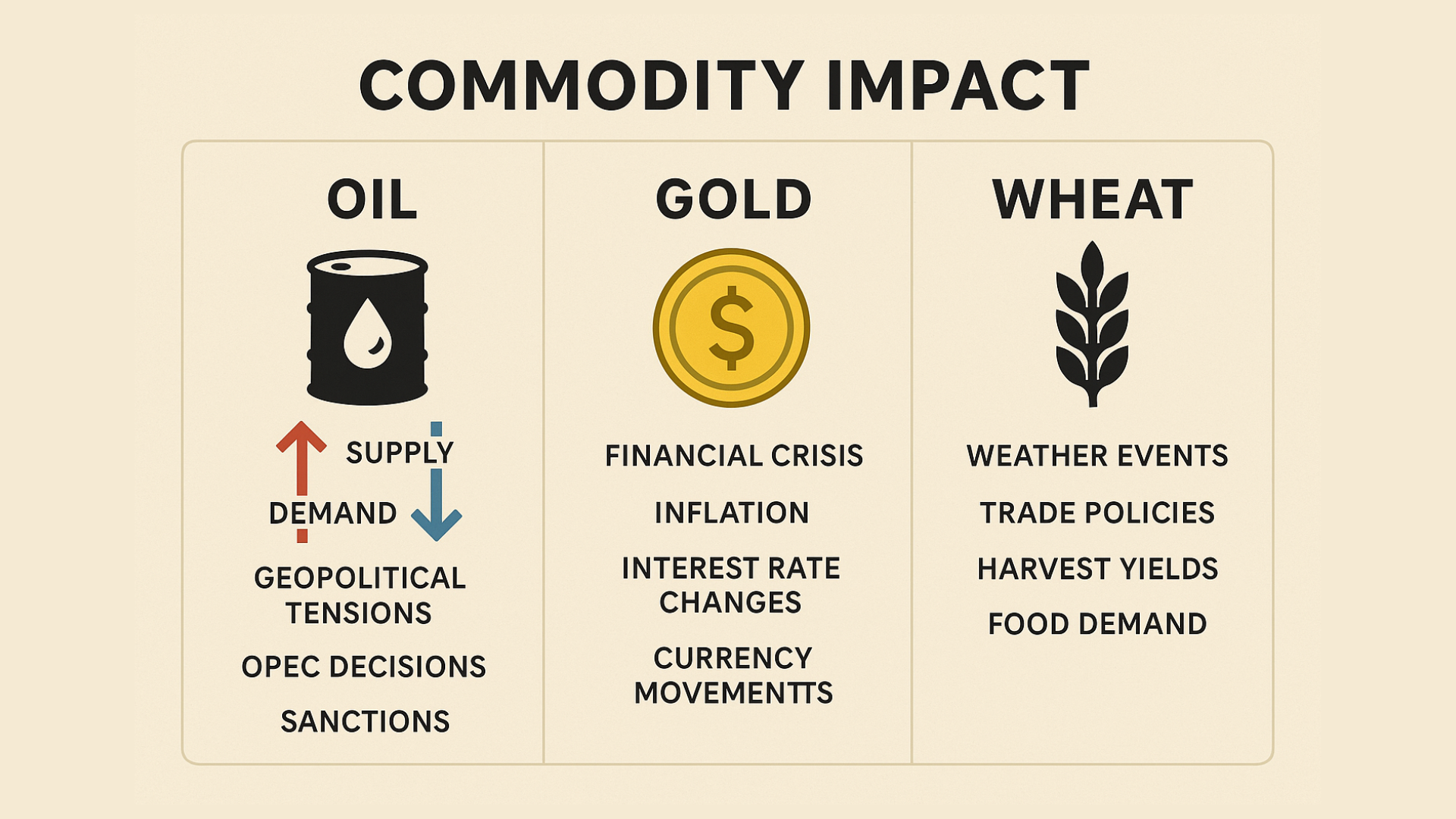 Infographic showing how global events impact oil, gold, and wheat prices.