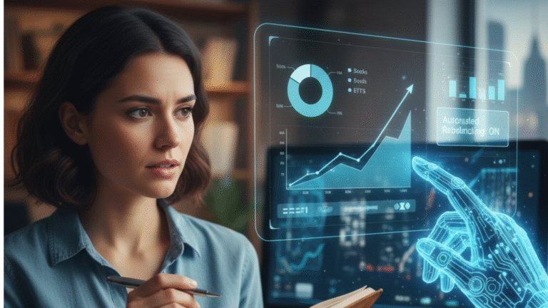 A woman with a notebook compares her finances to a futuristic screen showing a robo-advisor using AI to manage money and rebalance a portfolio.