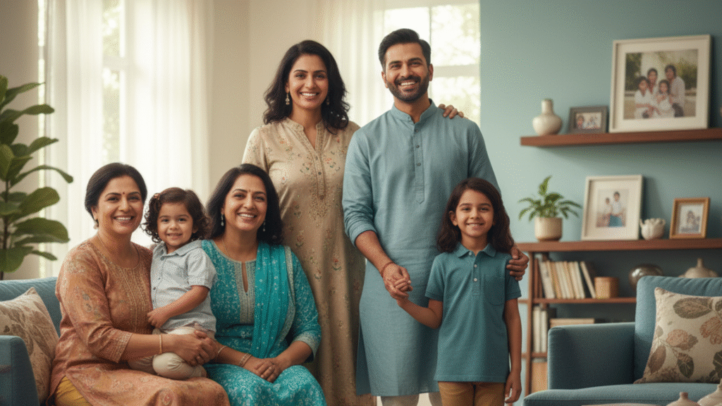 Indian family smiling, secure under term life insurance protection and tax benefits