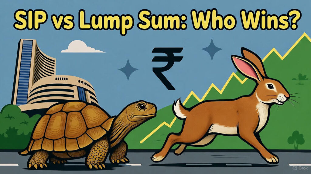 Vibrant illustration of a tortoise (SIP) and hare (Lump Sum) racing on a stock market graph track. The tortoise moves steadily, while the hare pauses at a dip. Background features the BSE building, a rupee symbol, and green hills with graph lines. Text reads 'SIP vs Lump Sum: Who Wins?' in yellow font.