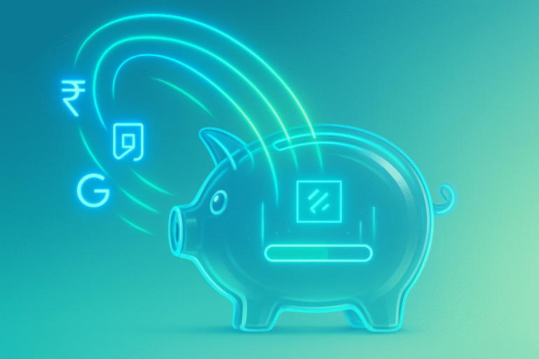 Transparent piggy bank with glowing data lines showing predictive auto-saving concept.