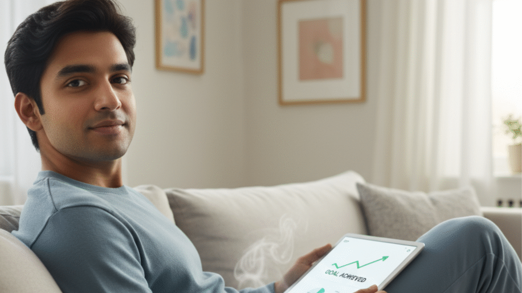 An Indian millennial relaxing on a sofa, happily viewing their automated robo-advisor investment dashboard on a tablet, with a cup of chai nearby, symbolizing effortless wealth management for long-term goals in 2026