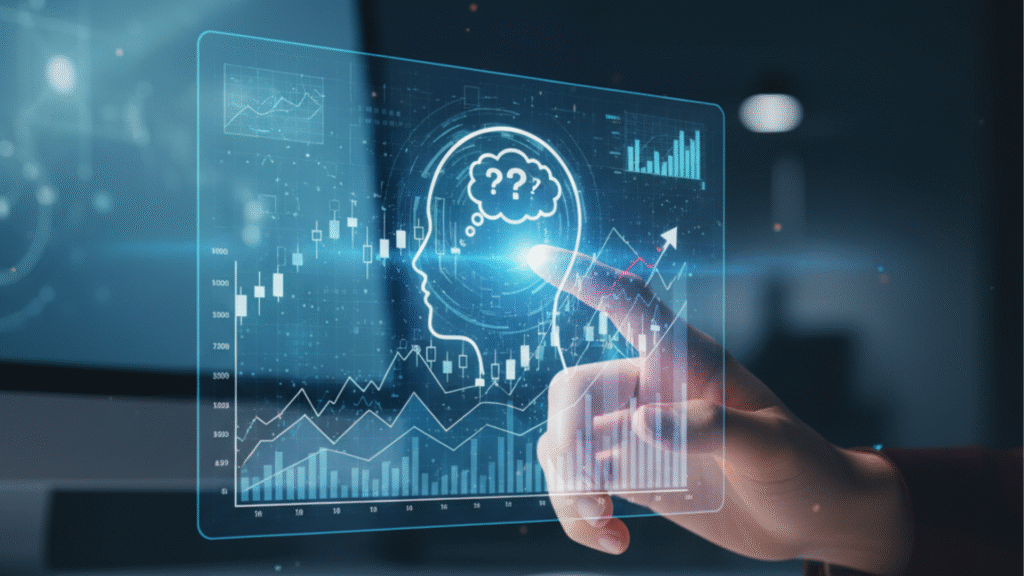 A human hand gently touches a holographic display featuring financial charts and a silhouette of a thinking head. This represents human judgment and risk management over AI financial planner advice.